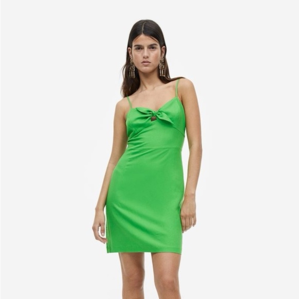 H&M Women's Lime Green Mini Dress with Tie-Front Bow - Size